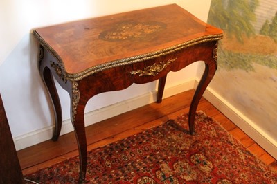 Lot 1334 - 19th century kingwood, marquetry inlaid and gilt metal mounted serpentine card table, fold-over top on shaped frieze and cabriole legs, 88cm wide.