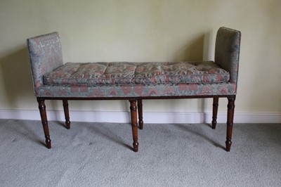 Lot 1339 - Unusual George III mahogany window seat of unusual gently trapezoidal form, on turned legs.