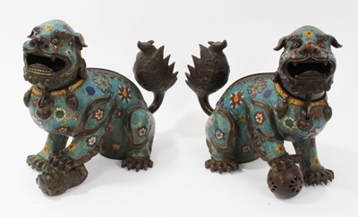 Lot 638 - Good pair of Chinese bronze and cloisonné foo dog censers