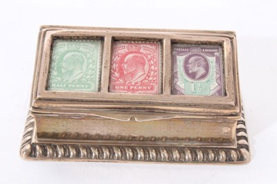 Lot 351 - Edwardian silver stamp box of rectangular form with hinged opening cover.
