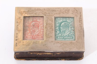 Lot 353 - Edwardian leather stamp box, with silver hinged opening cover and one other..