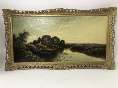 Lot 1178 - Edward Henry Boddington (c.1836-1905) oil on canvas - river landscape at twilight with a village beyond, signed, in gilt frame, 29cm x 60cm