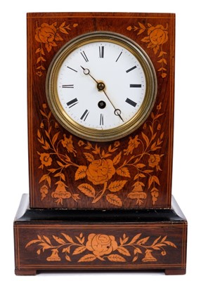 Lot 604 - Late 19th century French mantle clock in floral marquetry rosewood case, key and pendulum present 32cm high