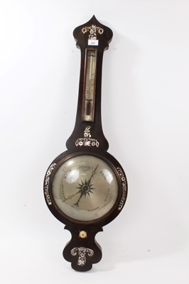 Lot 622 - William IV banjo barometer with mother o' pearl inlaid rosewood case decorated with swans, birds and flora 98.5 cm