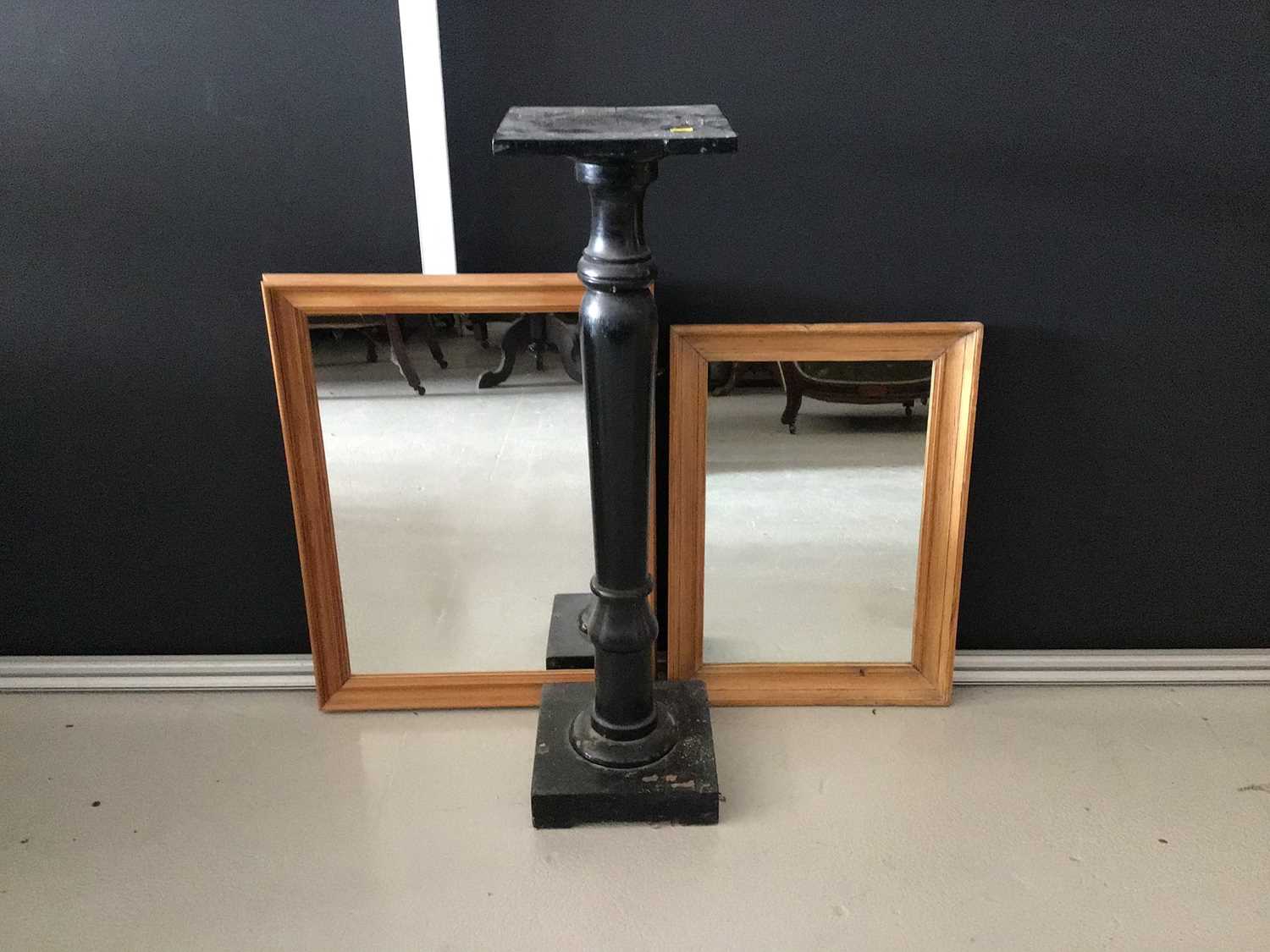 Lot 10 - Black paint torchere together with two pine...