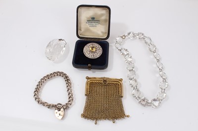 Lot 471 - Gold plated mesh purse, silver bracelet, dress ring with blue stone, Scottish silver brooch and a paste necklace and pendant