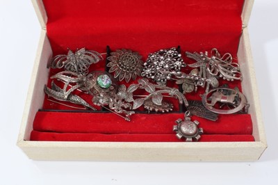 Lot 221 - Group silver and other brooches including marcasite