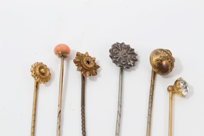 Lot 222 - Six Victorian stick pins to include silver, gold and others