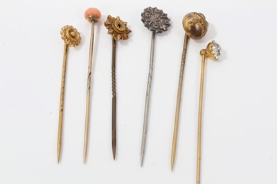 Lot 222 - Six Victorian stick pins to include silver, gold and others