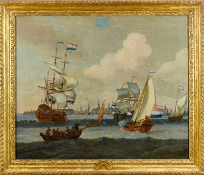 Lot 1084 - Abraham Storck, (1635-1710) oil on canvas ‘Harbour of Amsterdam’, 59 x 71cms , in good period gilt frame.