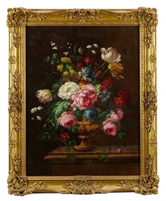 Lot 466 - Attributed to Jan Van Os, 1744-1803, pair of oils on canvas, still life of flowers in a vase, on a marble draped plinth, apparently unsigned, 55 x 48 cm, later gilt frames.