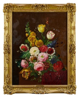 Lot 466 - Attributed to Jan Van Os, 1744-1803, pair of oils on canvas, still life of flowers in a vase, on a marble draped plinth, apparently unsigned, 55 x 48 cm, later gilt frames.