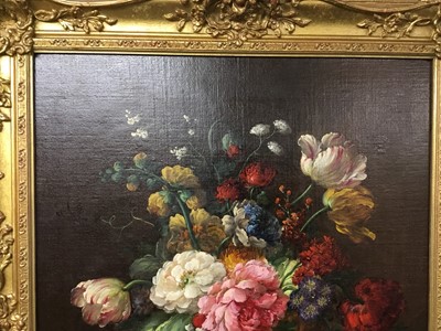 Lot 466 - Attributed to Jan Van Os, 1744-1803, pair of oils on canvas, still life of flowers in a vase, on a marble draped plinth, apparently unsigned, 55 x 48 cm, later gilt frames.