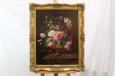 Lot 466 - Attributed to Jan Van Os, 1744-1803, pair of oils on canvas, still life of flowers in a vase, on a marble draped plinth, apparently unsigned, 55 x 48 cm, later gilt frames.