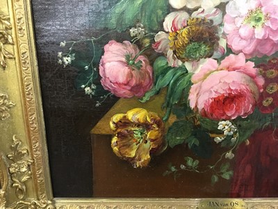 Lot 466 - Attributed to Jan Van Os, 1744-1803, pair of oils on canvas, still life of flowers in a vase, on a marble draped plinth, apparently unsigned, 55 x 48 cm, later gilt frames.