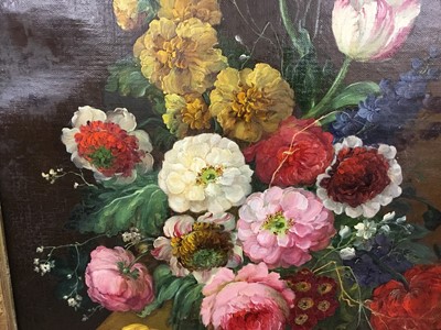 Lot 466 - Attributed to Jan Van Os, 1744-1803, pair of oils on canvas, still life of flowers in a vase, on a marble draped plinth, apparently unsigned, 55 x 48 cm, later gilt frames.
