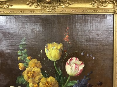 Lot 466 - Attributed to Jan Van Os, 1744-1803, pair of oils on canvas, still life of flowers in a vase, on a marble draped plinth, apparently unsigned, 55 x 48 cm, later gilt frames.