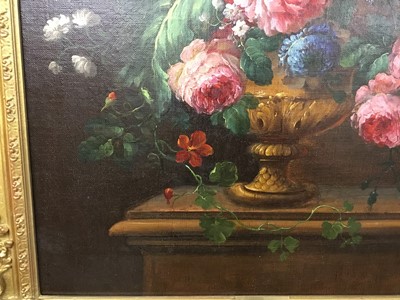 Lot 466 - Attributed to Jan Van Os, 1744-1803, pair of oils on canvas, still life of flowers in a vase, on a marble draped plinth, apparently unsigned, 55 x 48 cm, later gilt frames.