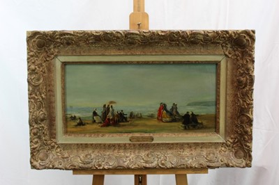 Lot 1086 - Attributed to Eugene Boudin (1825-1898), oil on canvas, Figures by the coast, bears signature and inscribed ‘Trouville’, 24 x 55cm