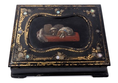 Lot 683 - Victorian papier-mâché writing slope decorated with spaniels