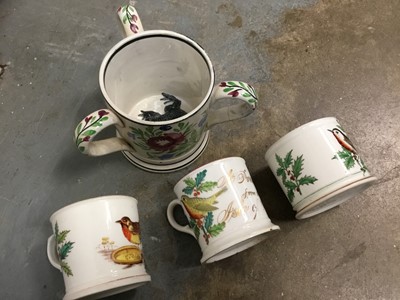 Lot 188 - Three handled Victorian frog mug, together with three small mid 19th century porcelain cups decorated with robins