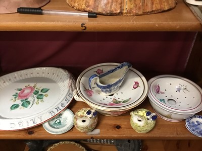 Lot 190 - Pair of Victorian inkwells, bread dish, two Victorian soap holders, gravy boat, miniature plates