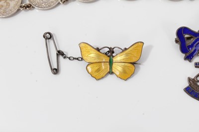 Lot 16 - Silver and yellow guilloché enamel butterfly brooch, silver and enamel Royal Navy sweetheart brooch and a silver three-penny coin bracelet