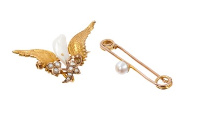 Lot 444 - Edwardian Keshi pearl and gold angel wing brooch and one other pearl brooch