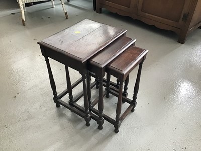 Lot 78 - Oak nest of three tables, oak long stool, and an oak two tier plant stand