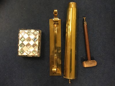 Lot 178 - WWI munition repurposed as a gong, together with a mother-of-pearl and abalone box. (2)