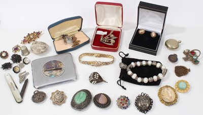 Lot 46 - Vintage costume jewellery, pair 9ct gold mounted cameo earrings and RMS Queen Mary cigarette case
