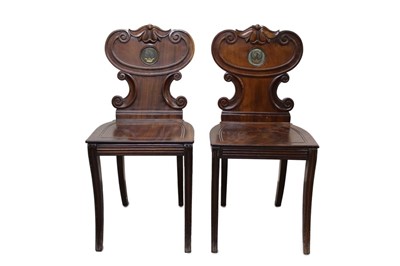 Lot 1221 - Good pair of Regency mahogany hall chairs