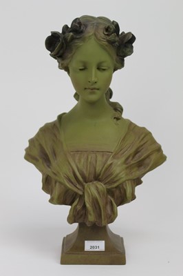 Lot 2031 - Large green painted plaster bust of a woman,...