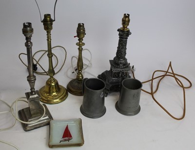 Lot 163 - Four brass and metal lamps converted from candlesticks, 2 commemorative pewter tankards, glass dishes, etc