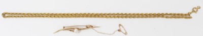 Lot 153 - 9ct gold bar brooch set with a pearl together with a gilt metal chain
