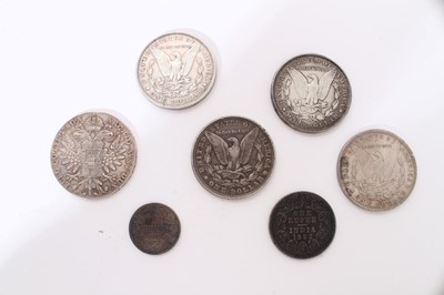 Lot 403 - World - Mixed Silver coins to include India Rupee 1892 AEF, South Africa Kruger Shilling 1897 EF, United States Dollars x 4, Austria 'Maria Theresia'Thaler 1780 (N.B. Restrike) AU (7 coins)