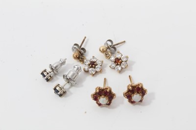 Lot 162 - Pair 9ct gold ruby and opal cluster earrings and two other pairs of earrings