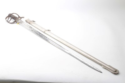 Lot 722 - 1981 Royal Wedding of Prince Charles and Lady Diana Spencer presentation sword by Wilkinson, with engraved polished steel blade, numbered 0350, wire bound grip and enamel inset panels on pommel.