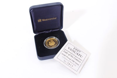 Lot 339 - Vanuatu - Gold proof 100 Vatue commemorative coin, Queen Elizabeth the Queen Mother 'Lady of the Century' 1997, (N.B. 14 carat gold, weight 7.776 grams.  In box of issue with Certificate of Authent...