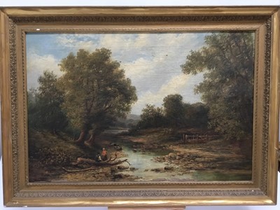 Lot 49 - 19th century English School oil on canvas - figures by a river bank, in gilt frame