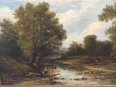 Lot 49 - 19th century English School oil on canvas - figures by a river bank, in gilt frame