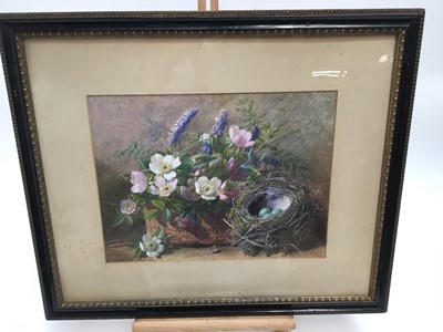 Lot 20 - Slater, late Victorian watercolour - still life of flowers and birds eggs in a nest, signed, in glazed frame