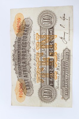 Lot 352 - Mombasa - East African Protectorate Ten Rupees Banknote dated 1st May 1916, prefix B/3, (N.B. some creasing & four pin hole marks noted) otherwise fine to very fine & rare) (1 banknote)