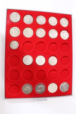 Lot 358 - World - Mixed coinage in Lindner Tray to include Silver Half Crowns George V 1913 GF, 1917 AVF & modern copies of Russian coins (18 coins)