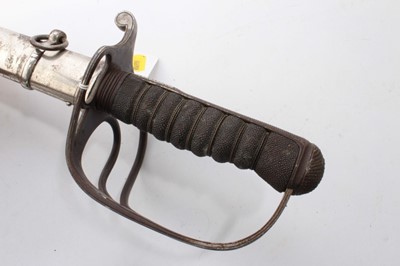 Lot 723 - George V Army Service Corps Officers Sword with three bar hilt, wire bound shagreen grip, etched polished steel blade with crowned GRV cypher and Army Service Corps badge, in plated metal scabbard