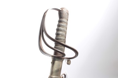 Lot 723 - George V Army Service Corps Officers Sword with three bar hilt, wire bound shagreen grip, etched polished steel blade with crowned GRV cypher and Army Service Corps badge, in plated metal scabbard