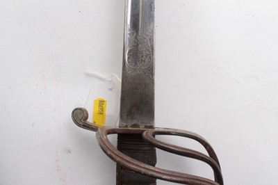 Lot 723 - George V Army Service Corps Officers Sword with three bar hilt, wire bound shagreen grip, etched polished steel blade with crowned GRV cypher and Army Service Corps badge, in plated metal scabbard