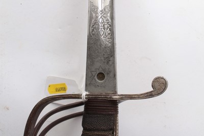 Lot 723 - George V Army Service Corps Officers Sword with three bar hilt, wire bound shagreen grip, etched polished steel blade with crowned GRV cypher and Army Service Corps badge, in plated metal scabbard