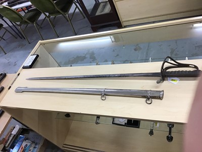 Lot 723 - George V Army Service Corps Officers Sword with three bar hilt, wire bound shagreen grip, etched polished steel blade with crowned GRV cypher and Army Service Corps badge, in plated metal scabbard