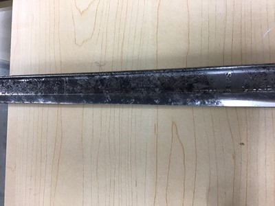 Lot 723 - George V Army Service Corps Officers Sword with three bar hilt, wire bound shagreen grip, etched polished steel blade with crowned GRV cypher and Army Service Corps badge, in plated metal scabbard
